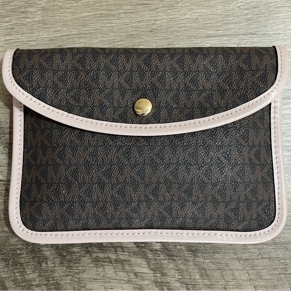 MICHAEL KORS Brown & Beige MK Monogrammed EVA Envelope WALLET Clutch POUCH